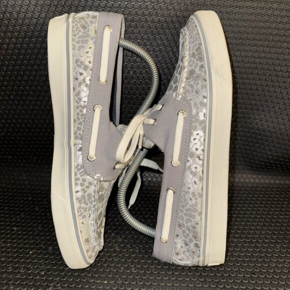Sperry Top Sider White Gray Silver Leopard Canvas Lace Up Boat Shoes Size 9M - Picture 4 of 8
